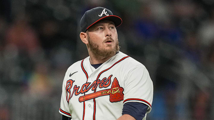 Apr 27, 2022; Cumberland, Georgia, USA; Atlanta Braves relief pitcher Tyler Matzek (68) reacts as he leaves the game against the Chicago Cubs during the tenth inning at Truist Park. Mandatory Credit: Dale Zanine-Imagn Images
