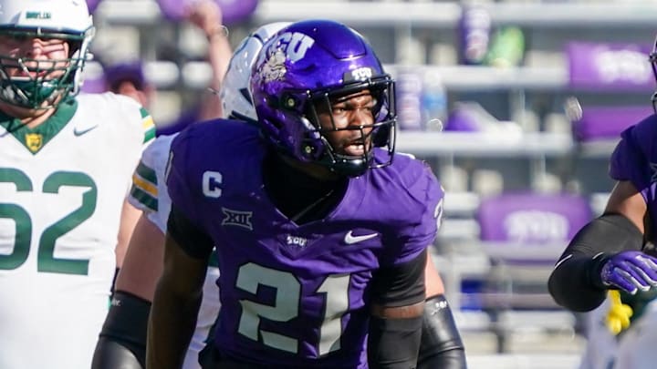 TCU Horned Frogs safety Bud Clark (21). TCU Horned Frogs safety Bud Clark (21).