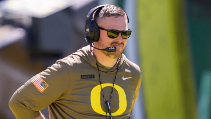 Oregon head coach Dan Lanning looks on during the Oregon Ducks annual spring game on April 25, 2026 at Autzen Stadium in Eugene, Oregon. Oregon head coach Dan Lanning looks on during the Oregon Ducks annual spring game on April 25, 2026 at Autzen Stadium in Eugene, Oregon.