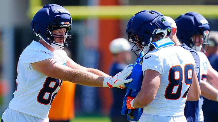 Denver Broncos tight end Adam Trautman (82) and tight end Dallen Bentley (89) Denver Broncos tight end Adam Trautman (82) and tight end Dallen Bentley (89)