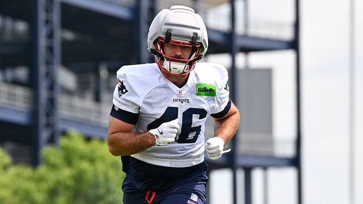 Jul 28, 2026; Foxborough, MA, USA; New England Patriots tight end Mitch Van Vooren (46) does a drill during training camp at Gillette Stadium. Mandatory Credit: Eric Canha-Imagn Images Jul 28, 2026; Foxborough, MA, USA; New England Patriots tight end Mitch Van Vooren (46) does a drill during training camp at Gillette Stadium. Mandatory Credit: Eric Canha-Imagn Images