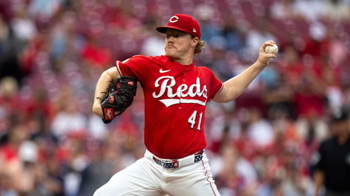 Cincinnati Reds pitcher Andrew Abbott pitches in the first inning between Cincinnati Reds and Atlanta Braves at Great American Ball Park in Cincinnati on July 30, 2025. Cincinnati Reds pitcher Andrew Abbott pitches in the first inning between Cincinnati Reds and Atlanta Braves at Great American Ball Park in Cincinnati on July 30, 2025.