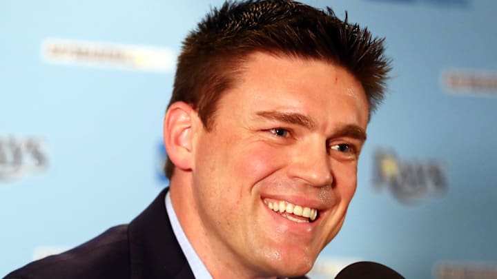 Dec 17, 2019; Tampa, FL, USA; Tampa Bay Rays Sr. Vice President of Baseball Operations and General Manager Erik Neander  talks with media during a press conference at Tropicana Field. 