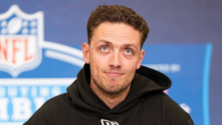 Feb 27, 2026; Indianapolis, IN, USA; Miami quarterback Carson Beck (QB04) speaks to members of the media during the NFL Combine at the Indiana Convention Center. Mandatory Credit: Jacob Musselman-Imagn Images