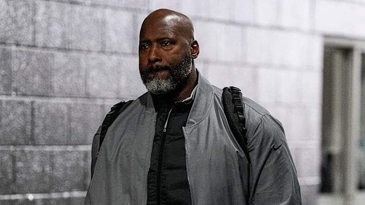 Detroit Lions general manager Brad Holmes arrives at Northwest Stadium in Landover, Md.