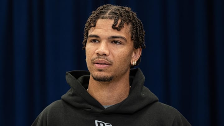 Former North Dakota State wideout Bryce Lance speaks to members of the media during the NFL Combine.