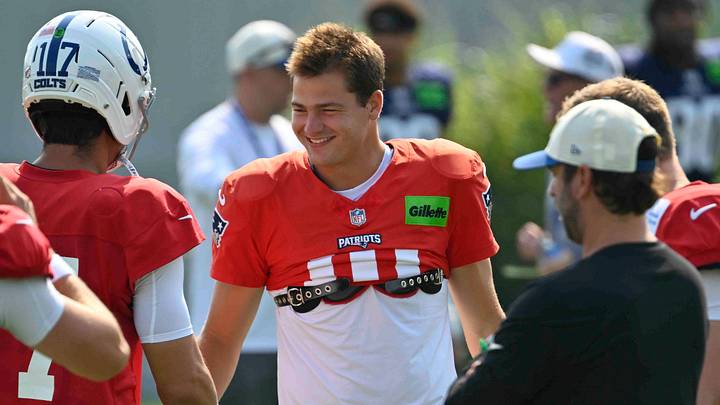 Aug 11, 2026; Foxborough, MA, USA; New England Patriots quarterback Drake Maye (10) shakes hands with Indianapolis Colts quarterback Daniel Jones (17) during training camp at Gillette Stadium. Mandatory Credit: Eric Canha-Imagn Images Aug 11, 2026; Foxborough, MA, USA; New England Patriots quarterback Drake Maye (10) shakes hands with Indianapolis Colts quarterback Daniel Jones (17) during training camp at Gillette Stadium. Mandatory Credit: Eric Canha-Imagn Images
