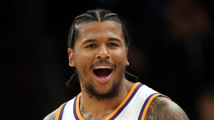 Nov 6, 2025; Phoenix, Arizona, USA; Phoenix Suns guard Jalen Green (4) celebrates against the Los Angeles Clippers at the Mortgage Matchup Center. Mandatory Credit: Mark J. Rebilas-Imagn Images Nov 6, 2025; Phoenix, Arizona, USA; Phoenix Suns guard Jalen Green (4) celebrates against the Los Angeles Clippers at the Mortgage Matchup Center. Mandatory Credit: Mark J. Rebilas-Imagn Images