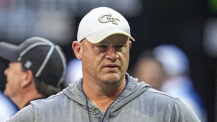 Oct 19, 2024; Atlanta, Georgia, USA; Georgia Tech Yellow Jackets head coach Brent Key on the field before the game against the Notre Dame Fighting Irish at Mercedes-Benz Stadium. Mandatory Credit: Dale Zanine-Imagn Images