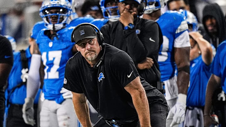 Detroit Lions head coach Dan Campbell reacts to a play against LA Chargers during the second half Detroit Lions head coach Dan Campbell reacts to a play against LA Chargers during the second half