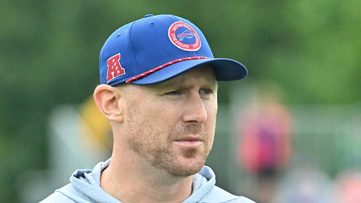 Jul 29, 2026; Rochester, NY, USA; Buffalo Bills head coach Joe Brady leaves the field after a training camp session at St. John Fisher University. Mandatory Credit: Mark Konezny-Imagn Images