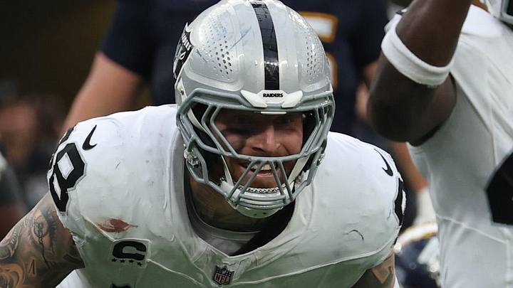 Nov 30, 2025; Inglewood, California, USA; Las Vegas Raiders defensive end Maxx Crosby (98) reacts after a tackle against the Los Angeles Chargers during the second half at SoFi Stadium. Mandatory Credit: Kiyoshi Mio-Imagn Images Nov 30, 2025; Inglewood, California, USA; Las Vegas Raiders defensive end Maxx Crosby (98) reacts after a tackle against the Los Angeles Chargers during the second half at SoFi Stadium. Mandatory Credit: Kiyoshi Mio-Imagn Images