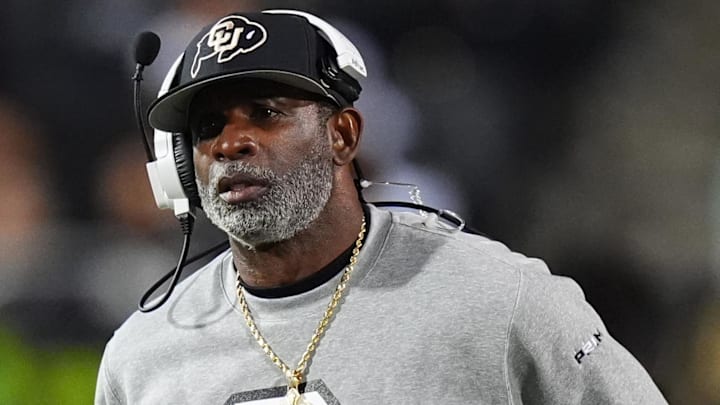 Oct 26, 2024; Boulder, Colorado, USA; Colorado Buffaloes head coach Deion Sanders walks the sidelines in the second half against the Cincinnati Bearcats at Folsom Field. Mandatory Credit: Ron Chenoy-Imagn Images