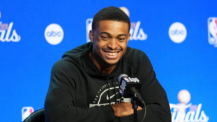 Jun 2, 2026; San Antonio, TX, USA;  San Antonio Spurs forward Keldon Johnson (3) laughs during media day for the 2026 NBA Finals at Frost Bank Center. Mandatory Credit: Daniel Dunn-Imagn Images
