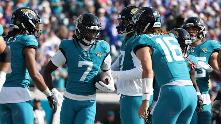 Jan 11, 2026; Jacksonville, FL, USA; Jacksonville Jaguars wide receiver Brian Thomas Jr. (7) reacts after scoring a touchdown during the first half against the Buffalo Bills in an AFC Wild Card Round game at EverBank Stadium. Mandatory Credit: Nathan Ray Seebeck-Imagn Images