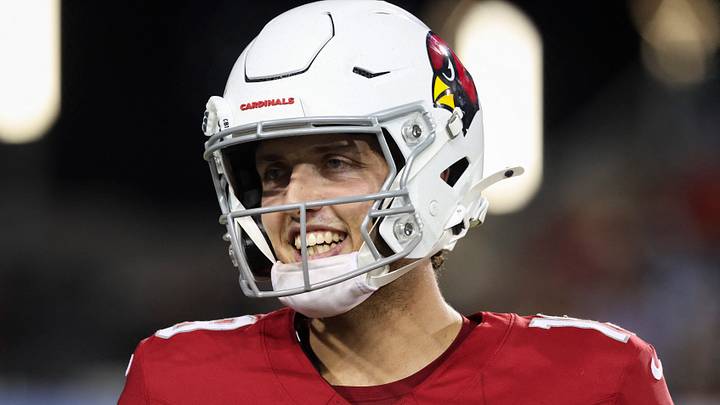 Aug 6, 2026; Canton, Ohio, USA; Arizona Cardinals quarterback Carson Beck (19) reacts during the game against the Carolina Panthers at Tom Benson Hall of Fame Stadium. Mandatory Credit: Charles LeClaire-Imagn Images