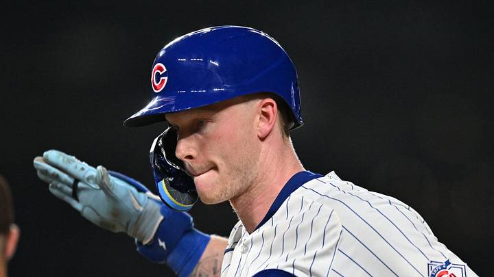 Jun 29, 2026; Chicago, Illinois, USA; Chicago Cubs center fielder Pete Crow-Armstrong (4) reacts after hitting a single against the San Diego Padres during the ninth inning at Wrigley Field. Mandatory Credit: Patrick Gorski-Imagn Images