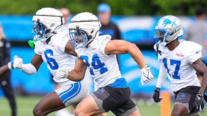 Detroit Lions cornerback Terrion Arnold (6), safety Loren Strickland (24), former cornerback Dicaprio Bootle (17)