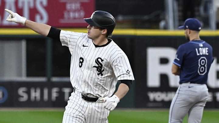 Chicago White Sox catcher Kyle Teel (8) celebrates a home run against the Tampa Bay Rays at Rate Field. 