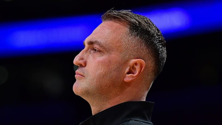 Toronto Raptors head coach Darko Rajakovic watches game action against the Los Angeles Lakers.