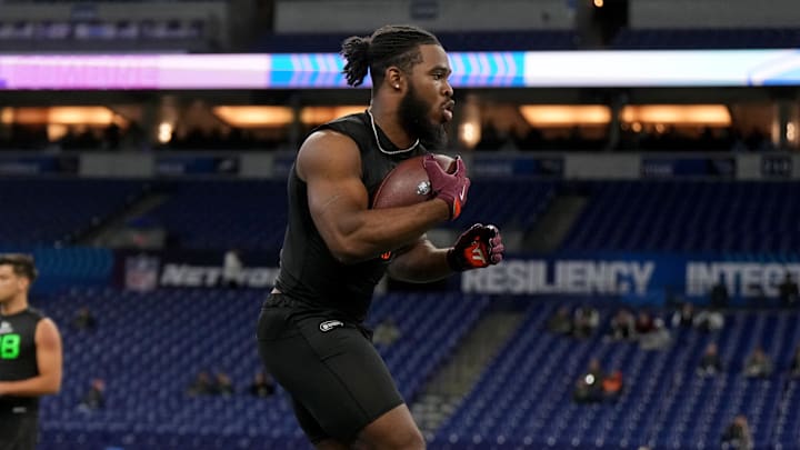 Mar 1, 2025; Indianapolis, IN, USA; Virginia Tech running back Bhayshul Tuten (RB30) during the 2025 NFL Combine at Lucas Oil Stadium. Mandatory Credit: Kirby Lee-Imagn Images