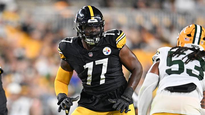 Aug 13, 2026; Pittsburgh, Pennsylvania, USA; Pittsburgh Steelers offensive tackle Broderick Jones (77) looks to block Green Bay Packers defensive end Arron Mosby (53) during the second half at Acrisure Stadium. Mandatory Credit: Barry Reeger-Imagn Images Aug 13, 2026; Pittsburgh, Pennsylvania, USA; Pittsburgh Steelers offensive tackle Broderick Jones (77) looks to block Green Bay Packers defensive end Arron Mosby (53) during the second half at Acrisure Stadium. Mandatory Credit: Barry Reeger-Imagn Images