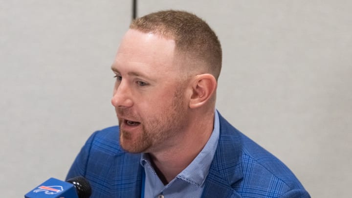 Mar 31, 2026; Phoenix, AZ, USA; Buffalo Bills head coach Joe Brady during the 2026 NFL Annual League Meeting at the Arizona Biltmore. Mandatory Credit: Mark J. Rebilas-Imagn Images