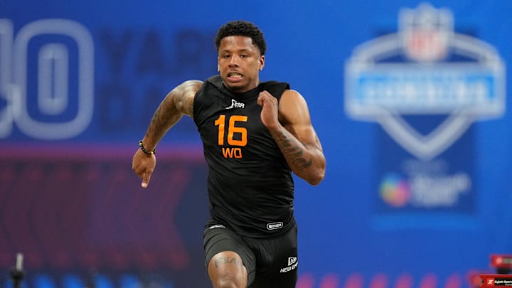 Mar 1, 2025; Indianapolis, IN, USA; Texas wideout Matthew Golden (WO16) during the 2025 NFL Combine at Lucas Oil Stadium. Mandatory Credit: Kirby Lee-Imagn Images