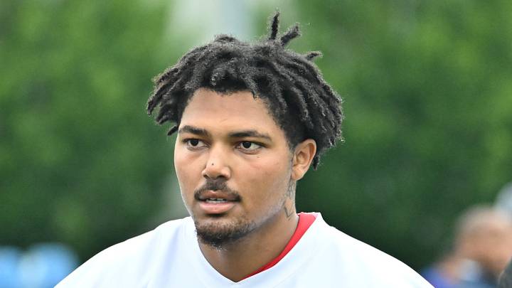 Jul 29, 2026; Rochester, NY, USA; Buffalo Bills outside linebacker TJ. Parker (99) leaves the field after a training camp session at St. John Fisher University. Mandatory Credit: Mark Konezny-Imagn Images