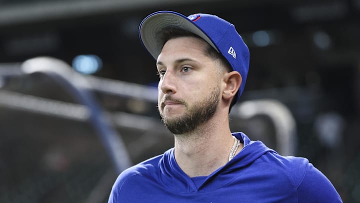 Jun 28, 2025; Houston, Texas, USA; Chicago Cubs right fielder Kyle Tucker (30) jogs onto the field before the game against the Houston Astros at Daikin Park. Mandatory Credit: Troy Taormina-Imagn Images