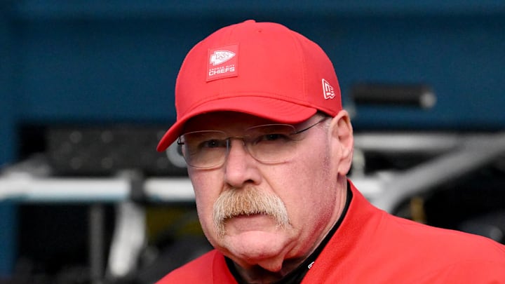 Dec 21, 2025; Nashville, Tennessee, USA; Kansas City Chiefs head coach Andy Reid before a game against the Tennessee Titans at Nissan Stadium. Mandatory Credit: Steve Roberts-Imagn Images