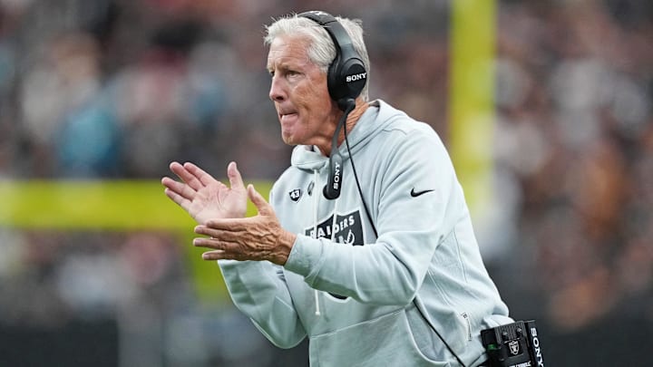 Nov 2, 2025; Paradise, Nevada, USA; Las Vegas Raiders head coach Pete Carroll looks on during the first half against the Jacksonville Jaguars at Allegiant Stadium. Mandatory Credit: Kirby Lee-Imagn Images