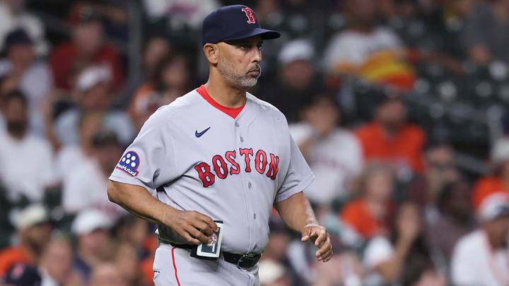 Mar 30, 2026; Houston, Texas, USA; Boston Red Sox manager Alex Cora walks to the mound for a pitching change during the fifth inning against the Houston Astros at Daikin Park. Mar 30, 2026; Houston, Texas, USA; Boston Red Sox manager Alex Cora walks to the mound for a pitching change during the fifth inning against the Houston Astros at Daikin Park.