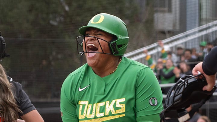Oregon’s Stefini Ma'ake, celebrates a run during the first inning of the Jane Sanders Classic March 6, 2026.
