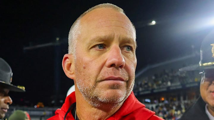 Nov 21, 2024; Atlanta, Georgia, USA; North Carolina State Wolfpack head coach Dave Doeren after a game against the Georgia Tech Yellow Jackets at Bobby Dodd Stadium at Hyundai Field. Mandatory Credit: Brett Davis-Imagn Images