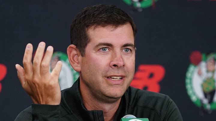 Sep 29, 2025; Boston, MA, USA; Boston Celtics president of basketball operations Brad Stevens talks to reporters during media day at the Auerbach Center. Mandatory Credit: David Butler II-Imagn Images