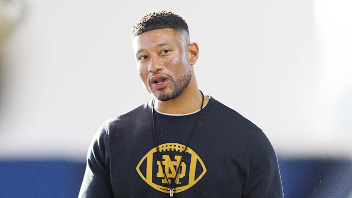 Notre Dame head coach Marcus Freeman greets his players during a Notre Dame football spring practice at Irish Athletic Center on Wednesday, March 19, 2025, in South Bend. Notre Dame head coach Marcus Freeman greets his players during a Notre Dame football spring practice at Irish Athletic Center on Wednesday, March 19, 2025, in South Bend.