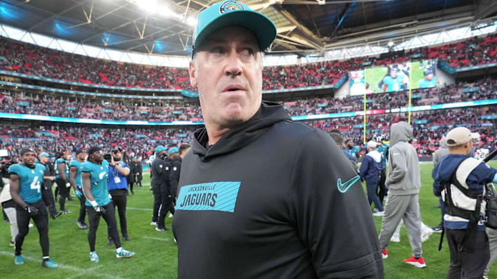 Oct 20, 2024; London, United Kingdom; Jacksonville Jaguars coach Doug Pederson reacts after an NFL International Series game against the New England Patriots at Wembley Stadium. Mandatory Credit: Kirby Lee-Imagn Images