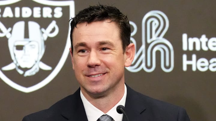 Feb 10, 2026; Henderson, NV, USA; Las Vegas Raiders coach Klint Kubiak speaks at introductory press conference at Intermountain Health Performance Center. Mandatory Credit: Kirby Lee-Imagn Images