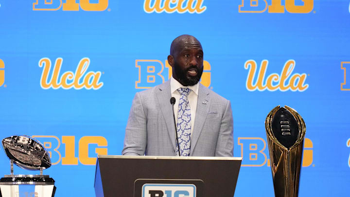 Jul 24, 2025; Las Vegas, NV, USA; UCLA head coach DeShaun Foster speaks to the media during the Big Ten NCAA college football media days at Mandalay Bay Resort. Mandatory Credit: Lucas Peltier-Imagn Images