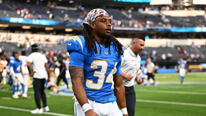 Sep 13, 2026; Inglewood, California, USA;  Los Angeles Chargers running back Keaton Mitchell (34) leaves the field after being defeated by the Arizona Cardinals at SoFi Stadium.  Mandatory Credit: William Liang-Imagn Images
