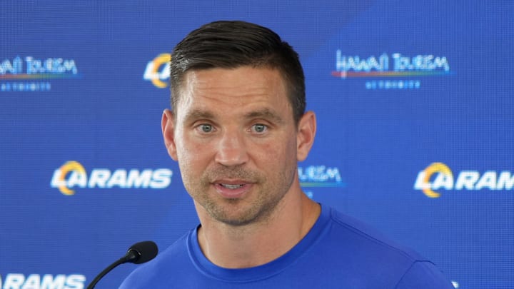 Jun 3, 2025; Woodland Hills, CA, USA; Los Angeles Rams defensive coordinator Chris Shula at press conference during organized team activities at Rams Practice Facility. Mandatory Credit: Kirby Lee-Imagn Images