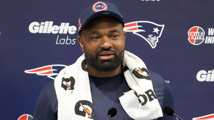 Oct 18, 2024; London, United Kingdom; New England Patriots coach Jerod Mayo at press conference at the Harrow School. Mandatory Credit: Kirby Lee-Imagn Images