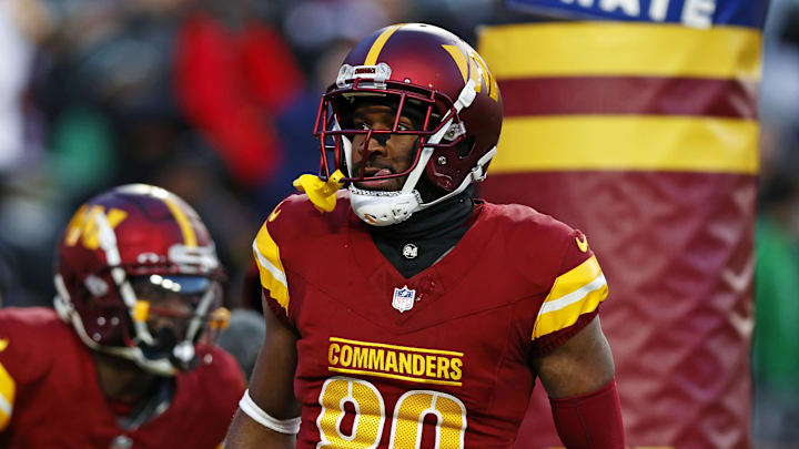 Dec 22, 2024; Landover, Maryland, USA; Washington Commanders wide receiver Jamison Crowder (80) celebrates after scoring the gaming winning touchdown during the fourth quarter against the Philadelphia Eagles at Northwest Stadium. Mandatory Credit: Peter Casey-Imagn Images