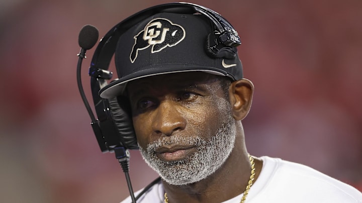 Sep 12, 2025; Houston, Texas, USA; Colorado Buffaloes head coach Deion Sanders looks on from the sideline during the first half against the Houston Cougars at TDECU Stadium. Mandatory Credit: Troy Taormina-Imagn Images