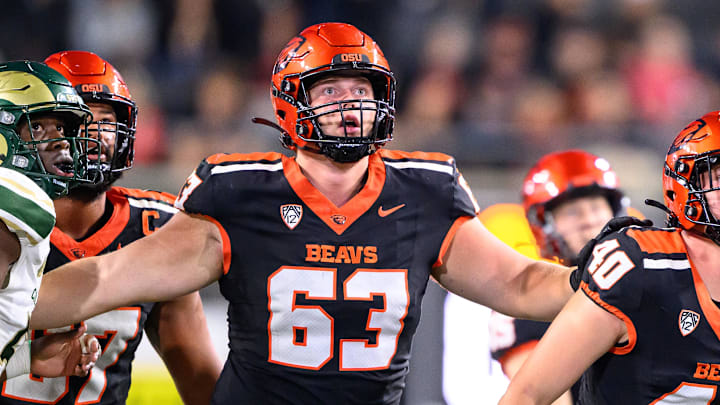 Oct 5, 2024; Corvallis, Oregon, USA; Oregon State Beavers offensive lineman Luka Vincic (63) and long snapper Jackson Robertson (40) watch a game tying field goal that forced overtime during the fourth quarter against the Colorado State Rams at Reser Stadium. Mandatory Credit: Craig Strobeck-Imagn Images