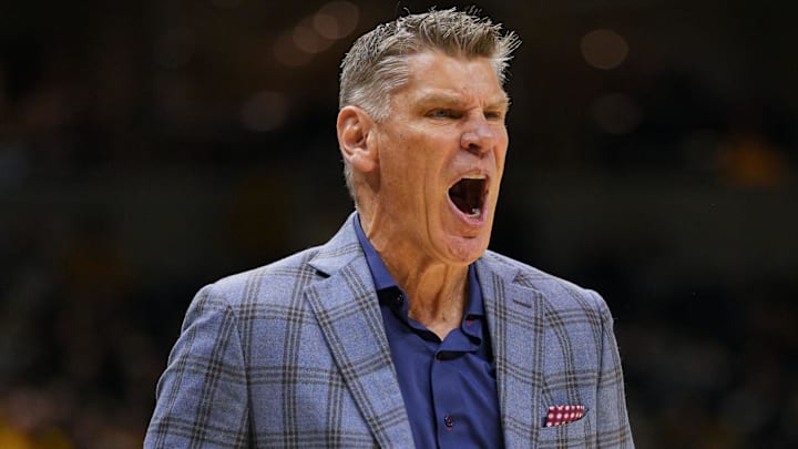 Oklahoma Sooners coach Porter Moser reacts during the first half against the Missouri Tigers at Mizzou Arena in Columbia, Mo.