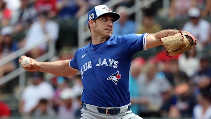 Mar 1, 2025; North Port, Florida, USA;  Toronto Blue Jays starting pitcher Jacob Barnes (67) throws a pitch during the first inning against the Atlanta Braves at CoolToday Park