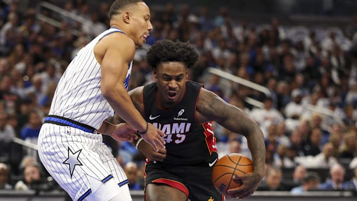 Oct 22, 2025; Orlando, Florida, USA; Miami Heat guard Davion Mitchell (45) controls the ball against the Orlando Magic in the first quarter at Kia Center. Mandatory Credit: Nathan Ray Seebeck-Imagn Images Oct 22, 2025; Orlando, Florida, USA; Miami Heat guard Davion Mitchell (45) controls the ball against the Orlando Magic in the first quarter at Kia Center. Mandatory Credit: Nathan Ray Seebeck-Imagn Images