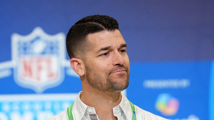 Feb 24, 2026; Indianapolis, IN, USA; Carolina Panthers coach Dave Canales speaks at the NFL Scouting Combine at the Indiana Convention Center. Mandatory Credit: Kirby Lee-Imagn Images